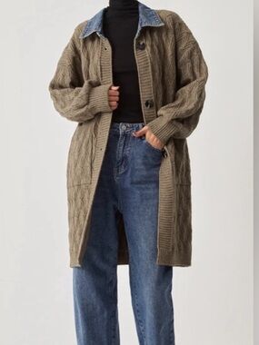 COMMENSE Diamond Stitch Knitting Longline Cardigan Denim Tan Oversized fit  S